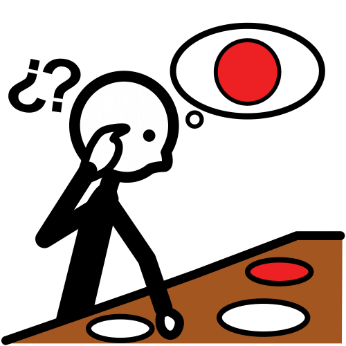 La imagen muestra el pictograma buscar, una persona busca un cículo rojo entre varios blancos