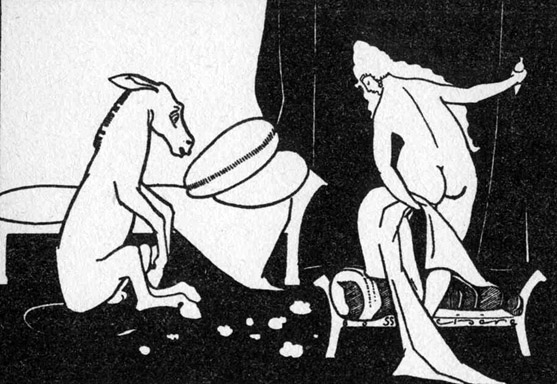 La escena representa a Lucio convertido en un burro observando el baño de una joven