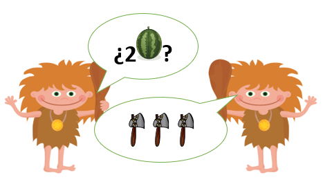 La imagen muestra dos personas vestidas de cavernícolas con un pensamiento cada uno, el primero piensa en dos melones y el segundo en 3 hachas