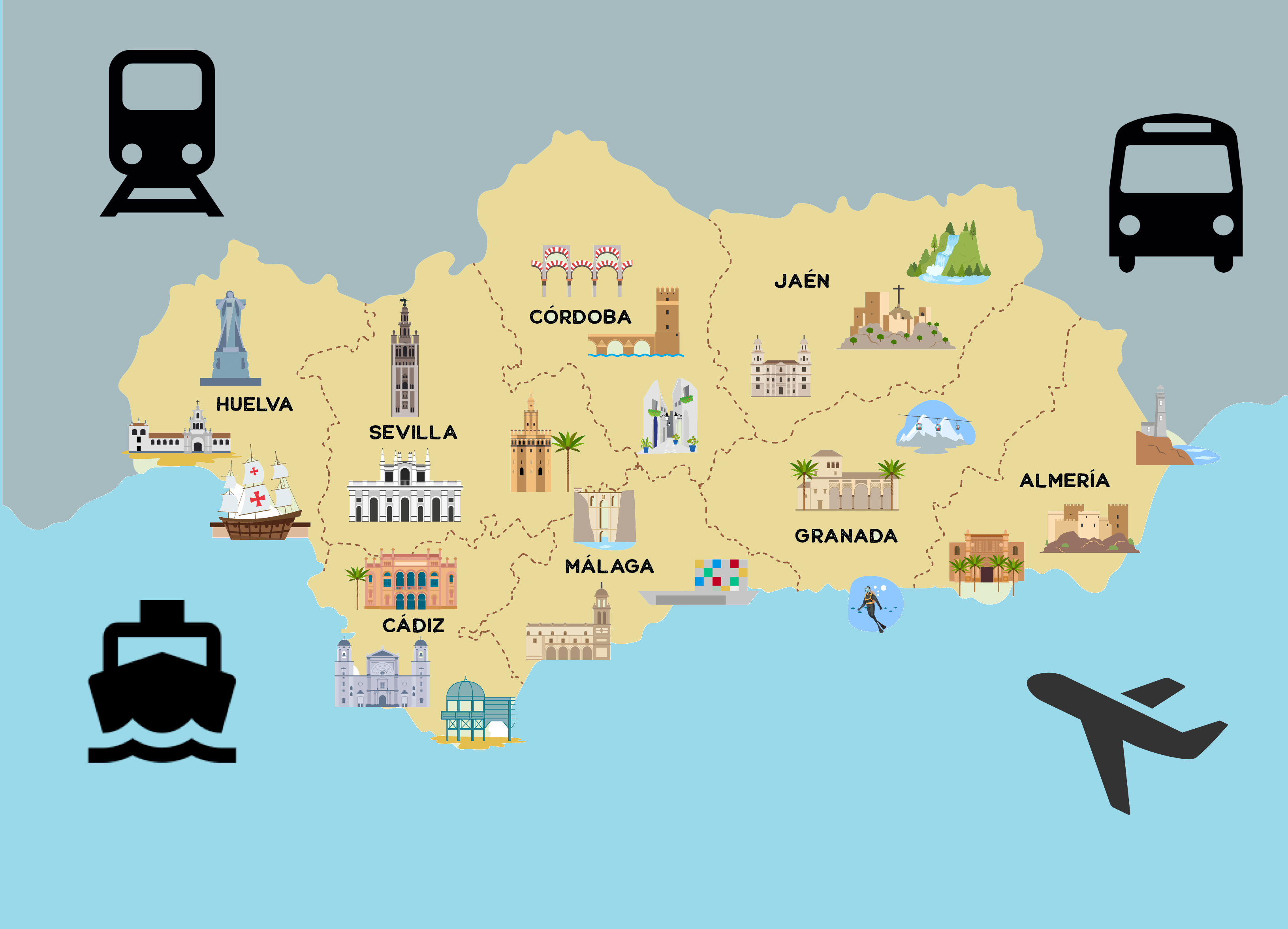 La imagen muestra un mapa de Andalucí con los sitios mas importantes para visitar y varios medios de transporte como bus, avión, tren y barco, así como el logo de Andalucía