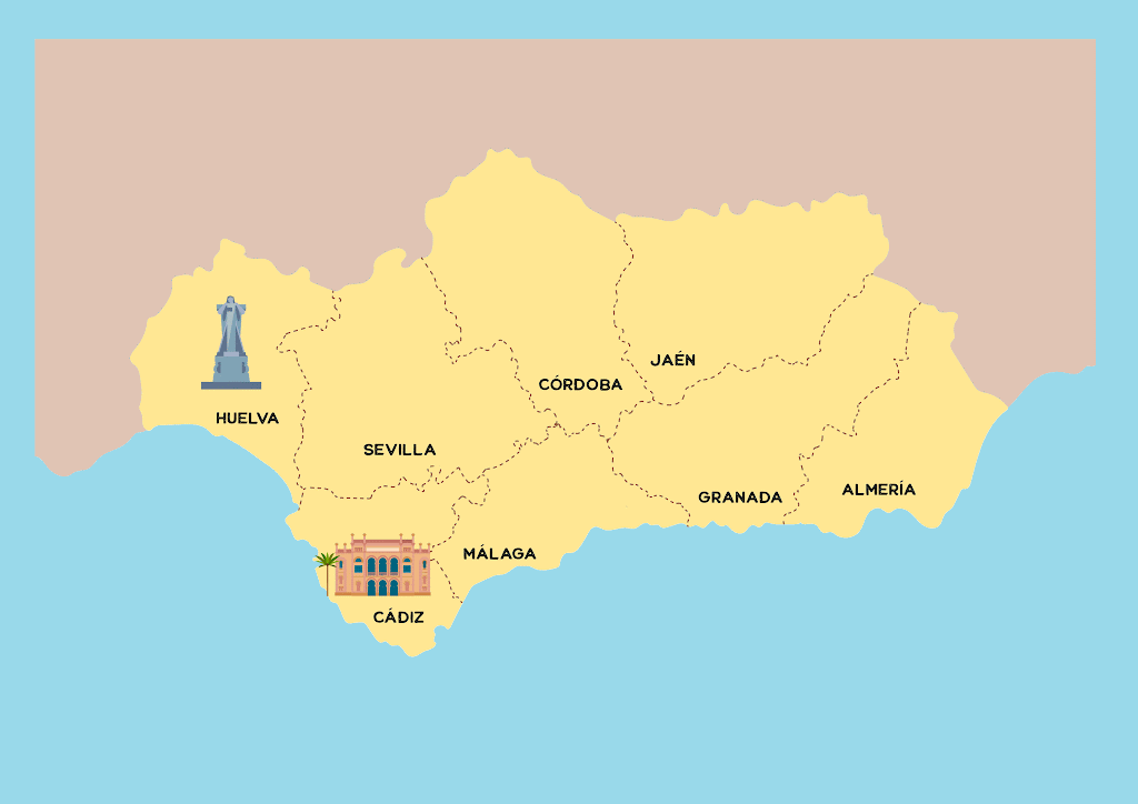 Es un gif que muestra un mapa de Andalucí con los sitios mas importantes para visitar y varios medios de transporte como bus, avión, tren y barco, así como el logo de Andalucía