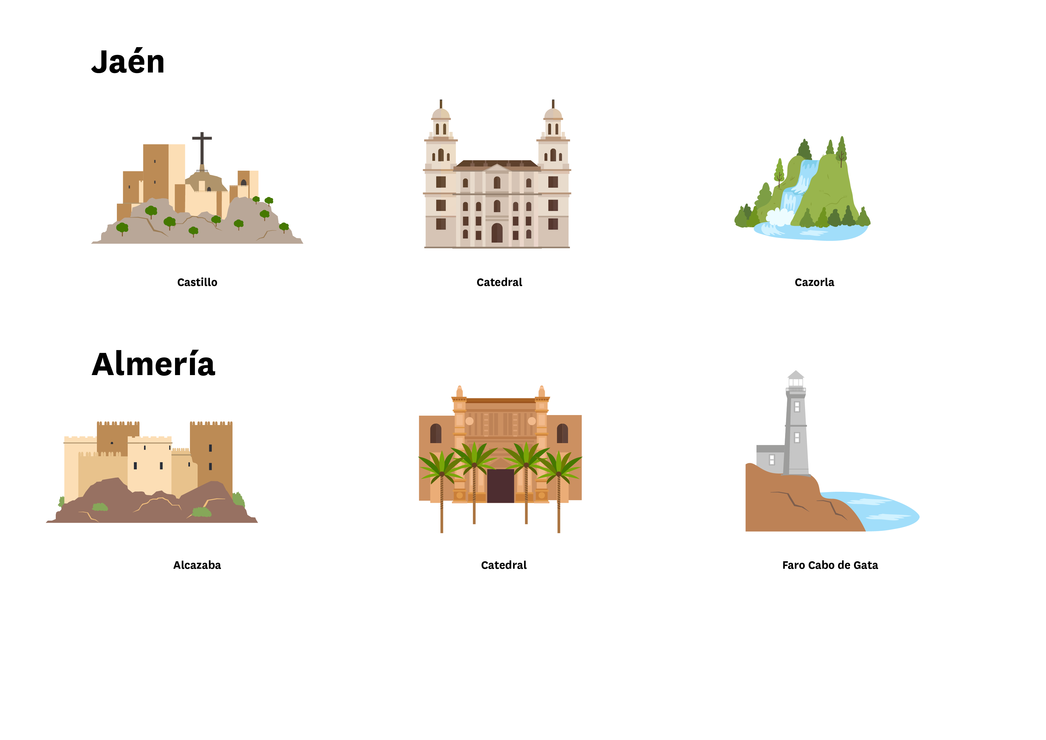 La imagen muestra localizaciones de Almería (Alcabaza, Catedral y Faro del Cabo de Gata) y de Jaén (Castillo, Catedral y Cazorla)