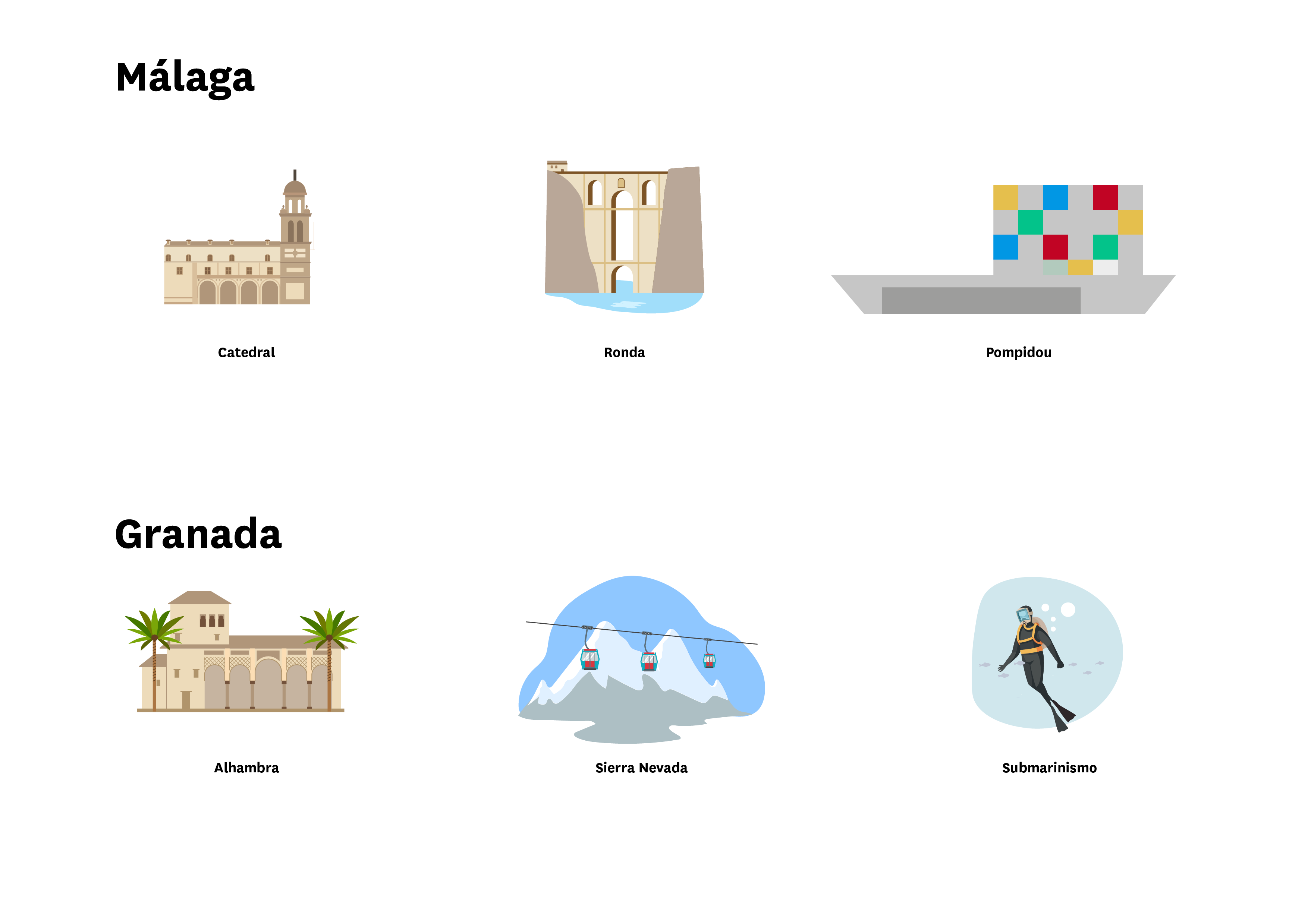 La imagen muestra localizaciones de Málaga ( Catedral, Ronda y Pompidou) y Granada ( Alhambra, Sierra Nevada y Submarinismo)