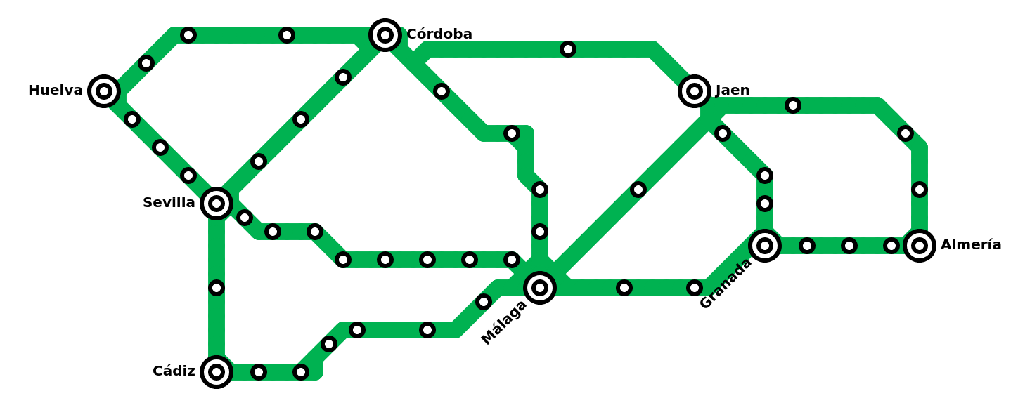 La imagen muestra unas rutas de puntos entre las distintas capitales de Andalucía