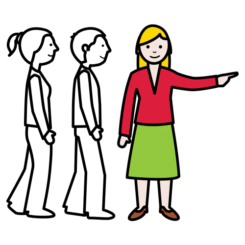 Tres dibujos de personas. Comenzando por la izquierda una mujer de forma lateral caminando, delante de ella hay un hombre caminando y precediendo a ambos una mujer que mira al frente, rubia, con una camisa roja y una falda verde, les indica con el brazo la dirección a seguir.