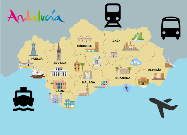 Mapa de Andalucí con hitos y medios de transporte