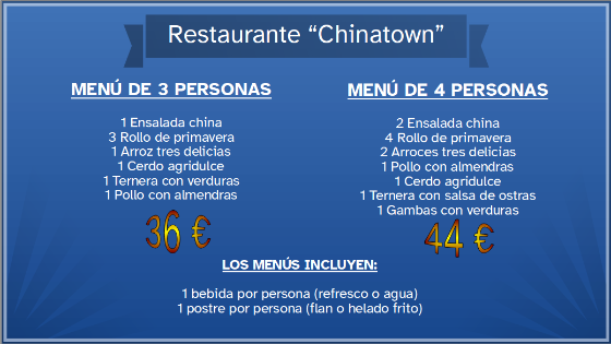 La imagen muestra Ofertas de menú de restaurante Chino. Menú para tres personas por 36€ y menú para cuatro personas por 44€