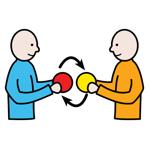 dibujo de dos hombres de forma lateral, el de la derecha lleva una camisa naranja, el de la izquierda una camisa azul. Están intercambiando círculos, el hombre de la derecha le entrega un círculo amarillo y el de la izquierda le entrega un círculo rojo.