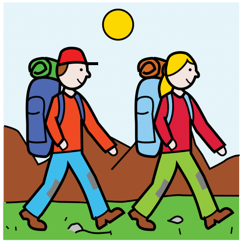 La imagen muestra dos personas andando con sus mochilas, van de excursión