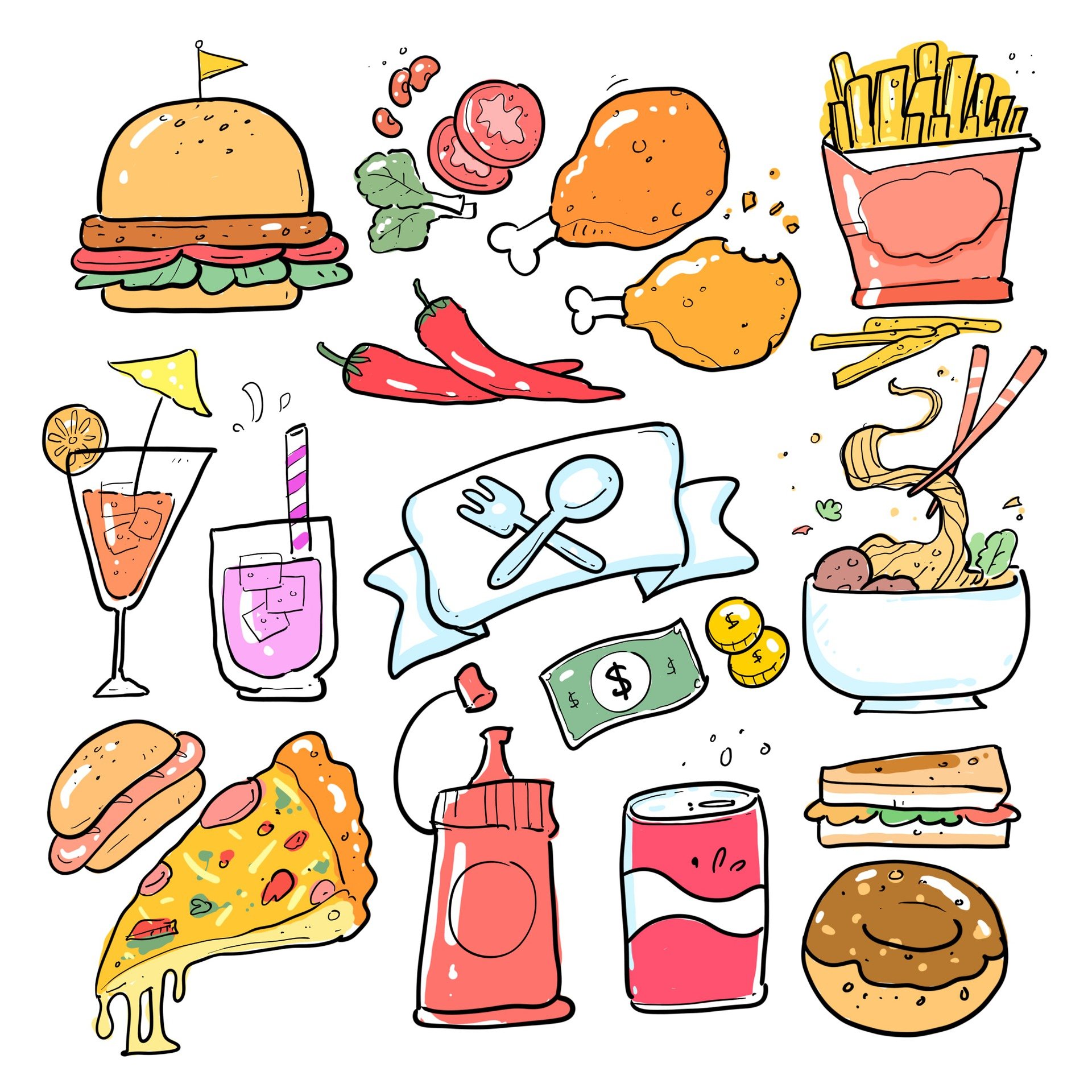 La imagen muestra varios dibujos de comidas y bebidas