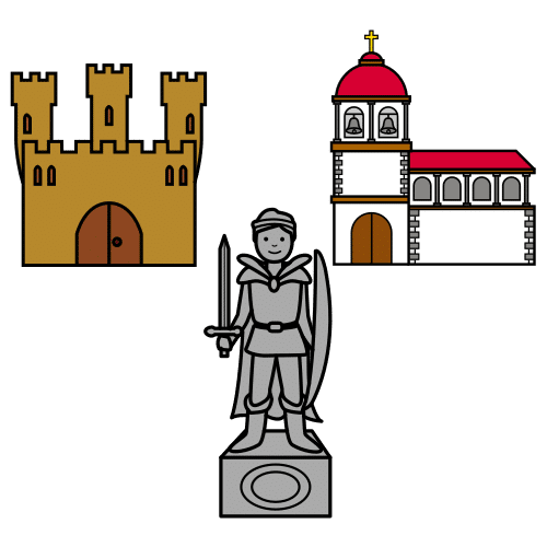 En la imagen Aparece un castillo de color marrón en el fondo izquierdo, en el fondo derecho aparece una iglesia con una torre central y una dependencia anexa más baja. En la parte central de la imagen aparece un soldado de hierro con una espada y un escudo.