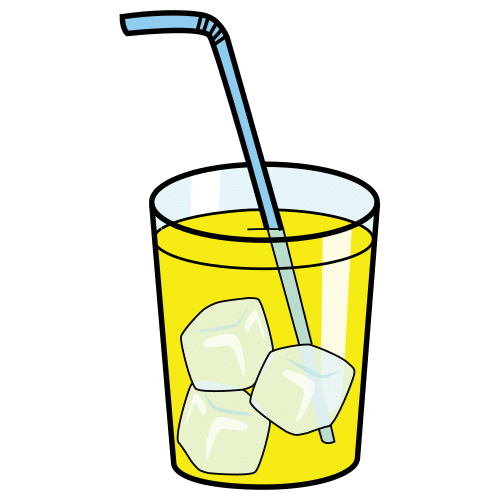 la imagen muestra Vaso de cristal con tres cubitos de hielo y una pajita. En su interior hay un líquido amarillo