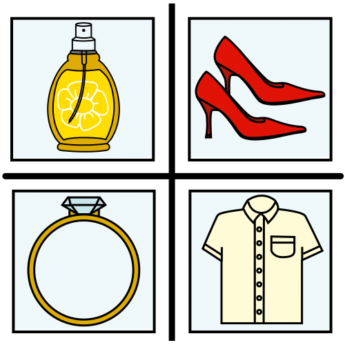 Imagen dividida en cuatro apartados. En uno aparece un perfume de color amarillo, al lado unos tacones rojos. En la parte inferior izquierda aparece un anillo, al lado de este una camiseta blanca.