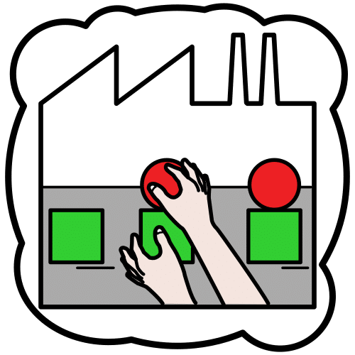 Tres bloques verdes y una mano poniendo una bola roja sobre ellos