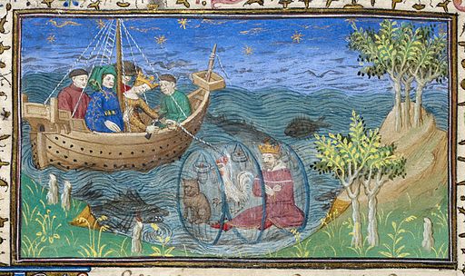 miniatura en la que se representa a Alejandro en el interior de un artilugio sumergido en el mar, en compañía de un gato y un gallo