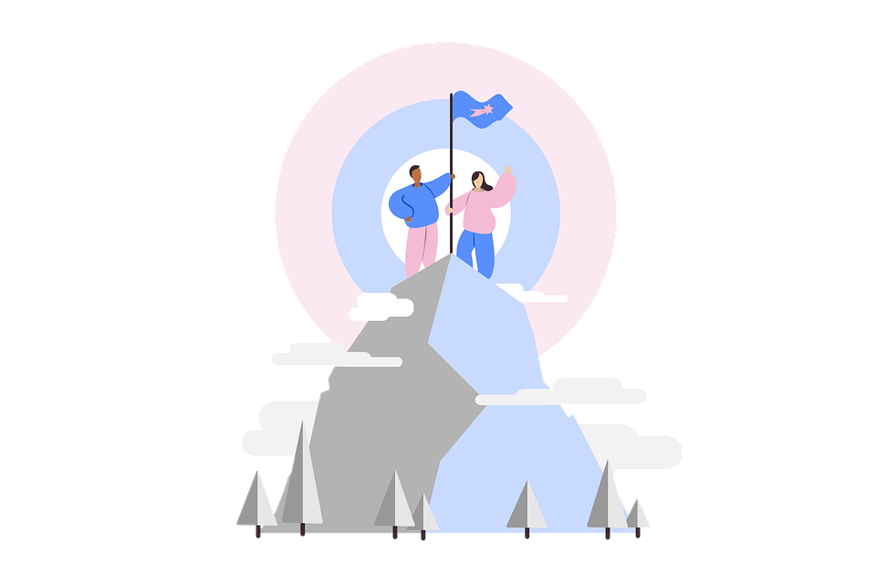 La imagen muestra un dibujo de dos personas en la cima de una montaña mientras sujetan una bandera.