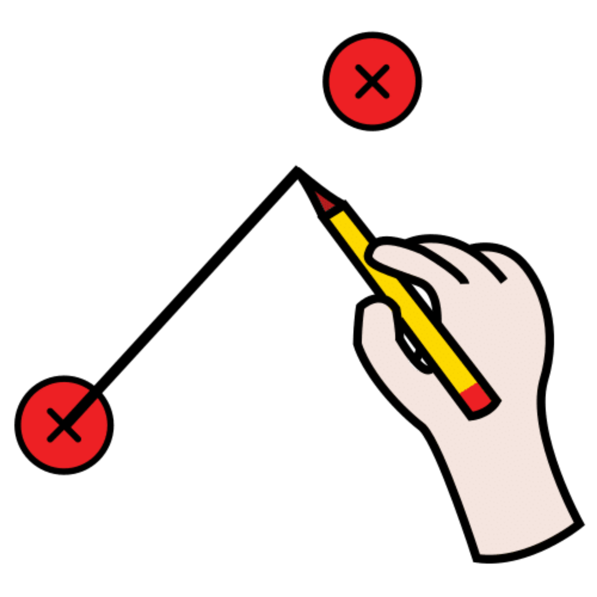 La imagen muestra una ilustración de una mano uniendo dos puntos rojos con un lápiz.