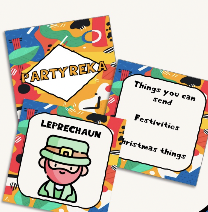 La imagen muestra tres tipos de cartas del Partyreka. En la primera aparece el nombre del juego. En la segunda aparece una imagen de un leprechaun que es un enano con barba peliroja y vestimenta de color verde. En la tercera aparece una definición.