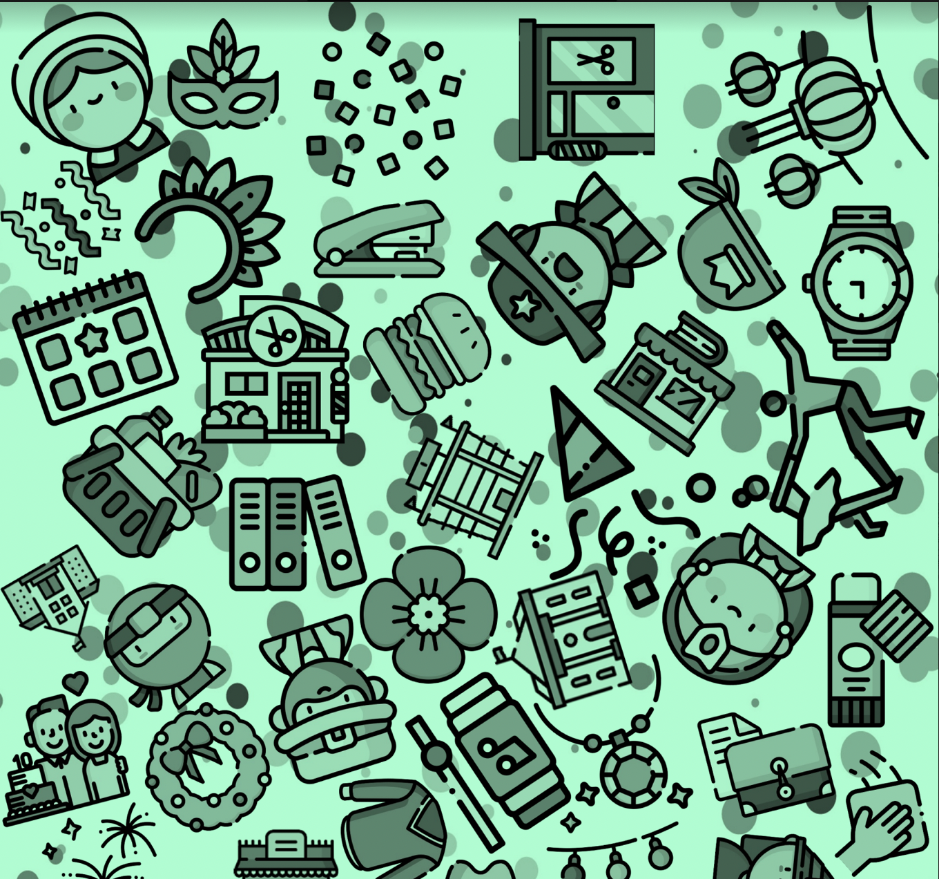 La imagen muestra un tablero con el fondo verde donde hay  muchos objetos pequeños mezclados: una flor, un reloj, farolillos, antifaz…
