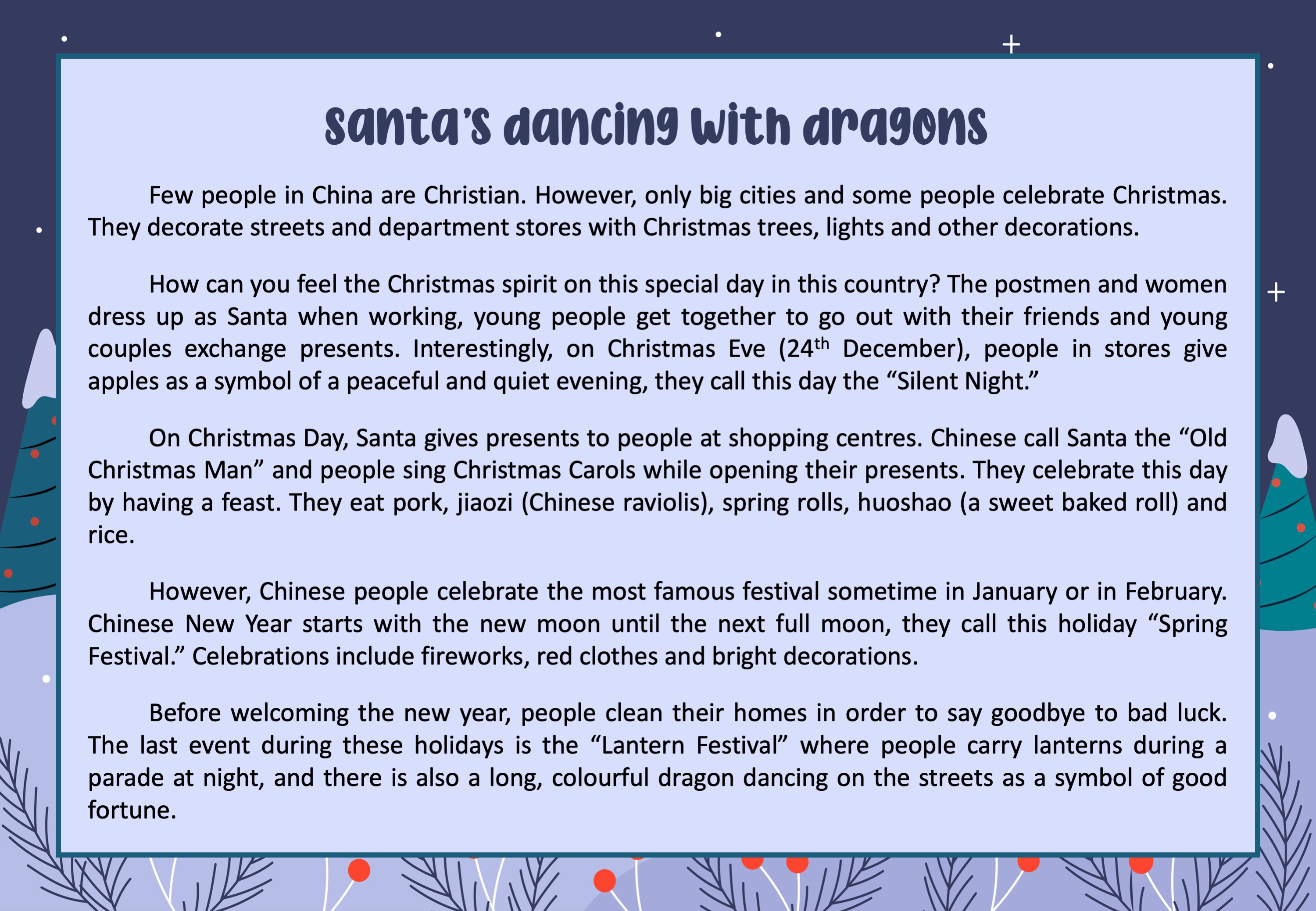 La imagen muestra la sexta explicación de la actividad Christmas around the world