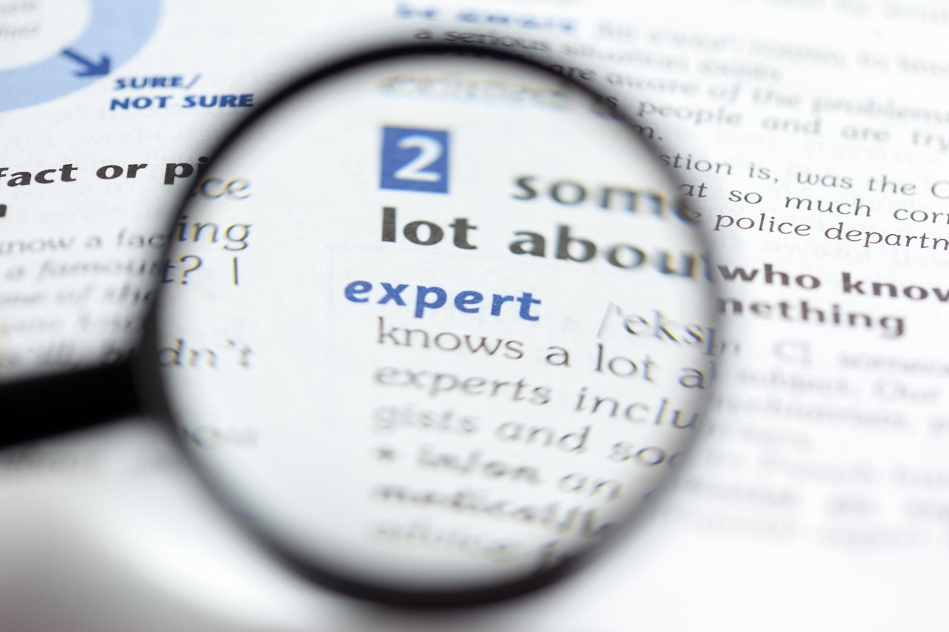 La imagen muestra las páginas de un diccionario y una lupa ampliando la definición de la palabra expert. 