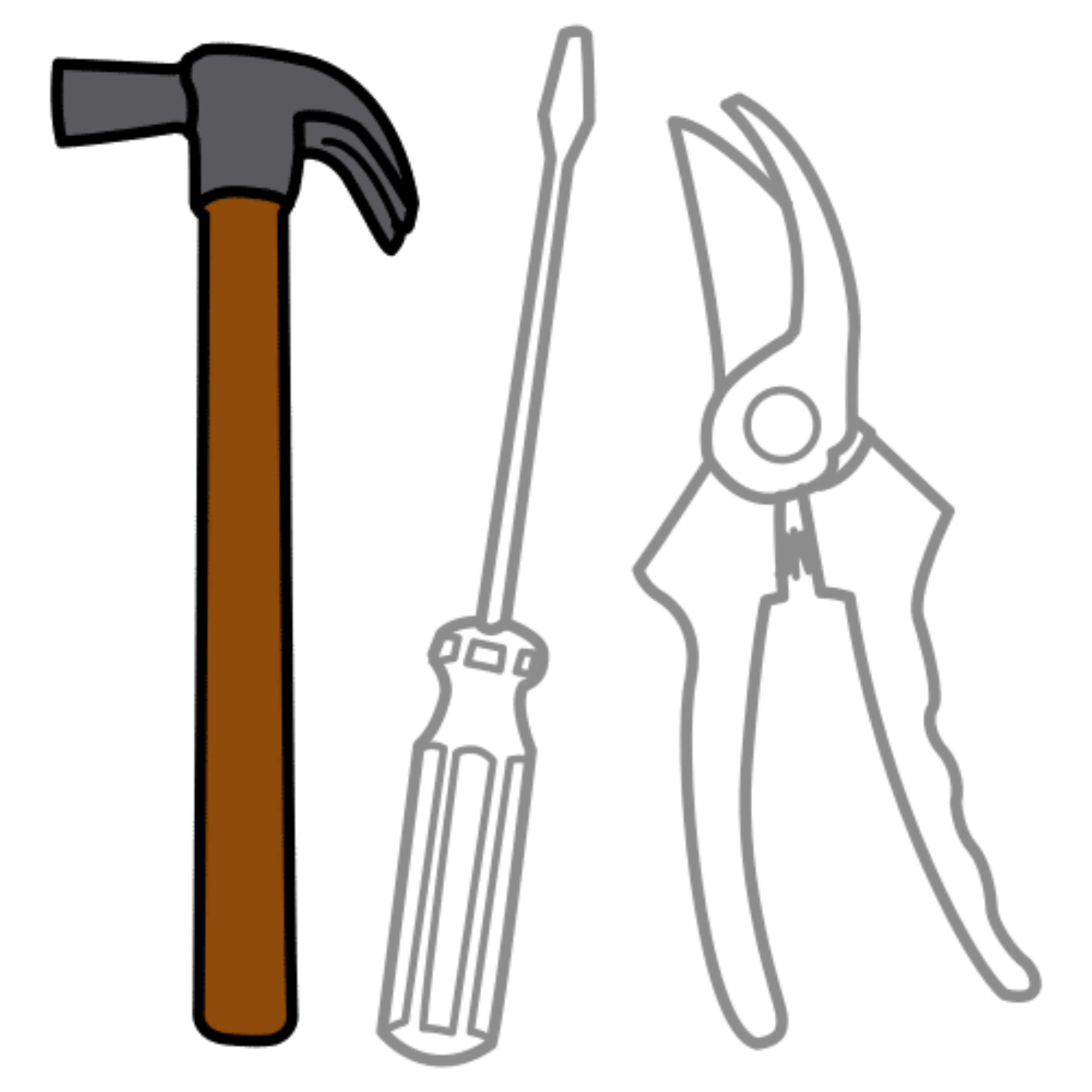 La imagen muestra tres herramientas (un martillo, un destornillador y unos alicates).
