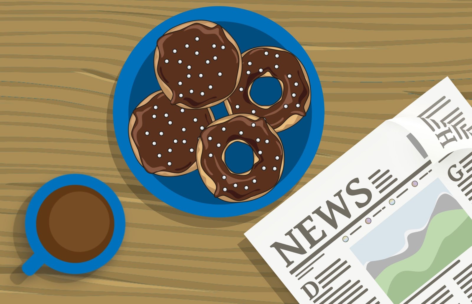 La imagen muestra café, donuts y un periódico.