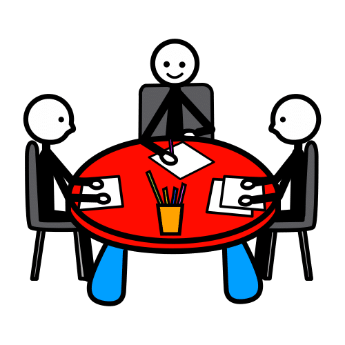 Pictograma de unas personas sentadas en una mesa redonda trabajando en grupo.