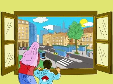 Mujer y niño mirando por una ventana