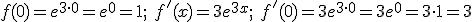 f(0) =e^{3\cdot0}=e^{0}=1; \ f'(x) =3e^{3x}; \ f'(0) =3e^{3\cdot0}=3e^{0}=3\cdot1=3