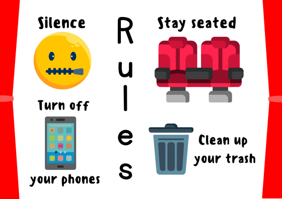 Infografía con 4 reglas básicas que se deben cumplir en el cine. 1. Silencio. 2. Estar sentado 3. Apagar los teléfonos 4. Limpiar la basura.