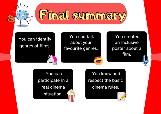 Infografía resumen con todos los aspectos vistos durante el REA 4:  You can identify genres of films, You can talk about your favourite genres, You created an inclusive poster about a film, You can participate in a real cinema situation. and You know and respect the basic cinema rules.