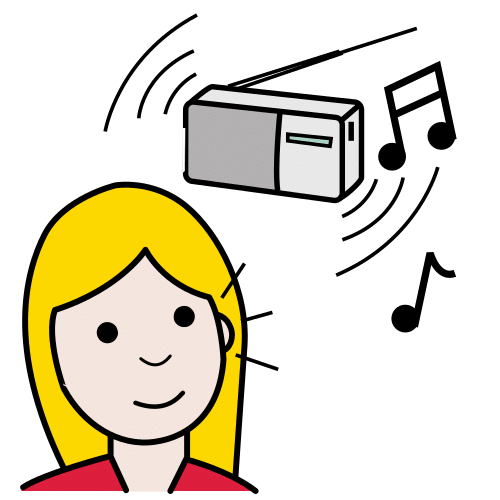Aparece un pictograma de una mujer con un simbolo al lado de la oreja de música simbolizando que esta escuchando música de fondo.
