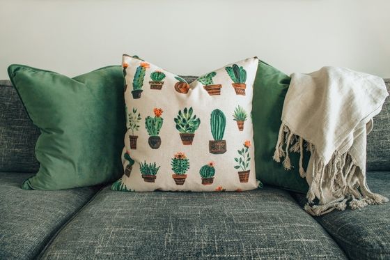 En la fotografía aparece dos cojines sobre un sofá. Un cojín de color verde y otro estampado con diferentes captus sobre fondo beige.