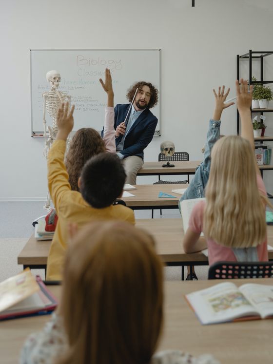 En la fotografía aparecen niños sentados en clase. La fotografía esta realizada de espaldas y se puede ver como los niños tienen la mano levantada de forma educada para contestar al profesor.