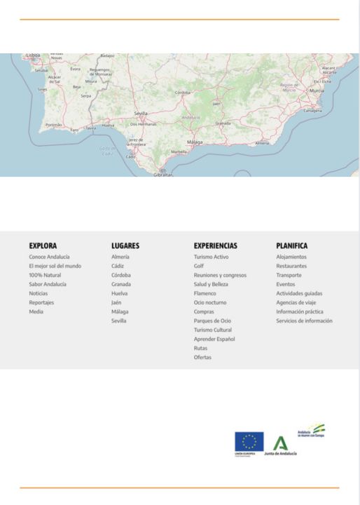 Imagen donde se ve la representación de un mapa del sur de España, donde aparece toda Andalucía. Debajo hay un menú donde aparecen los siguientes apartados: Explora, Lugares, Experiencias, Planifica. 