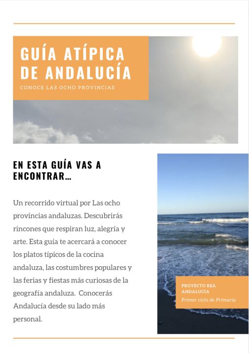 Imagen donde aparece la portada de una guía. En la parte superior, sobre una fotografía de un cielo aparece el título: Guía atípica de Andalucía. En la parte inferior aparece texto donde nos explica lo que vamos a encontrar en esa guía y una fotografía de una playa. 