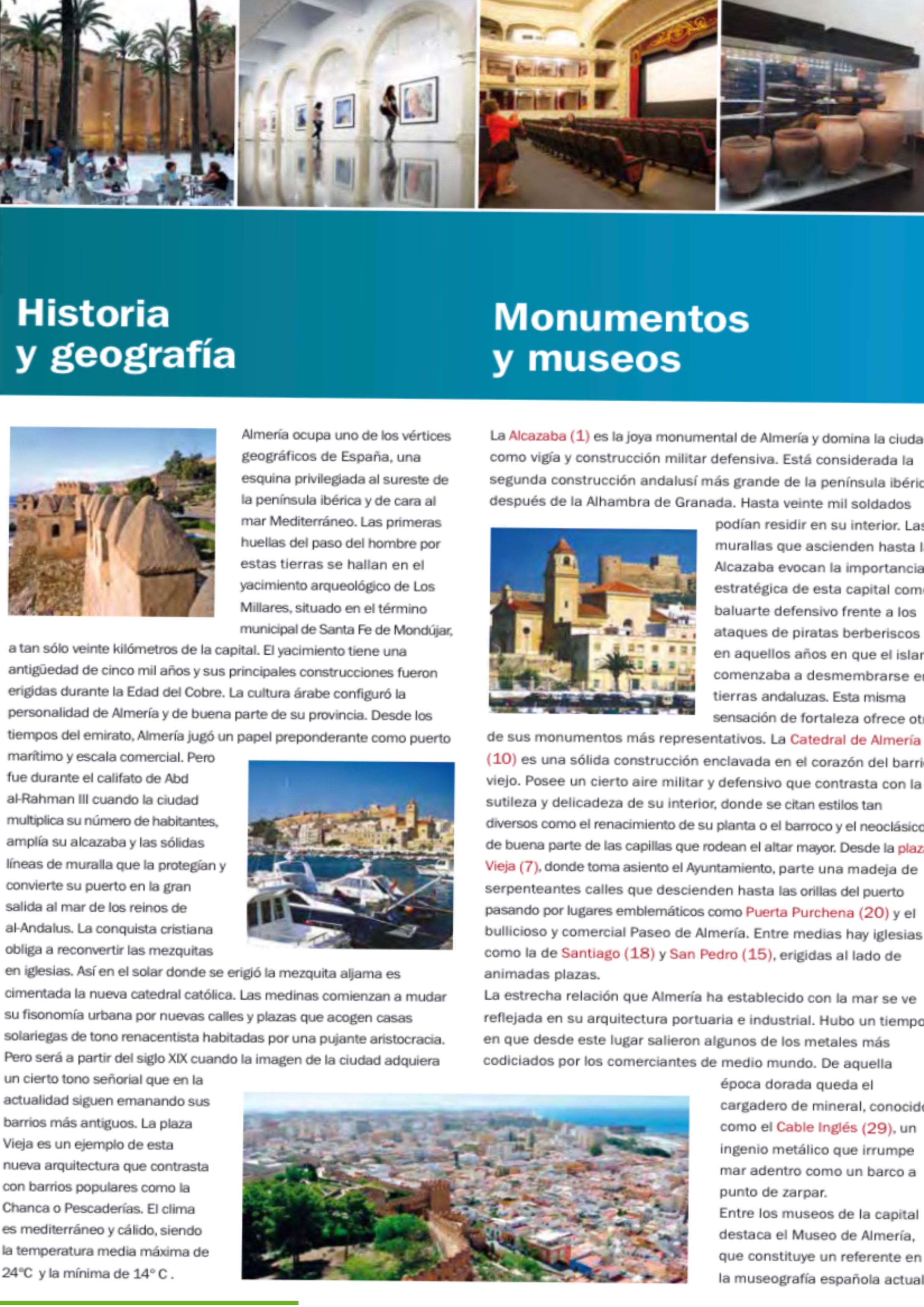 Aparecen imágenes de la guía de una ciudad andaluza, información escrita y un mapa con símbolos sobre las partes de la ciudad.