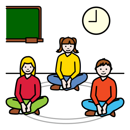 Dibujo donde aparecen tres niños y niñas sentados con las piernas cruzadas en semicírculo mirando al frente. Al fondo aparece una pizarra y un reloj. 