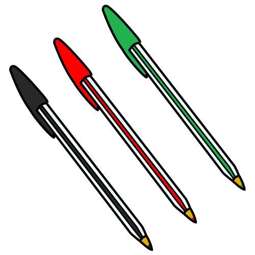 Dibujo donde se ven tres bolígrafos de colores, uno de color negro, otro rojo y otro verde. 