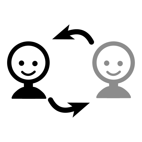 Dibujo donde se ven dos cabezas de persona, una en negro y la otra sombreada en gris. De la una a la otra hay dos flechas una encima y otra debajo,  que va de izquierda a derecha y de derecha a izquierda, indicando rotación. 