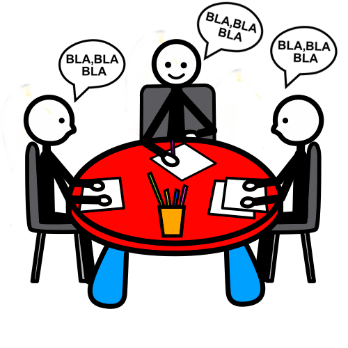 Dibujo de tres personas sentadas en una mesa redonda con útiles de trabajo. De la boca de cada uno de ellos salen bocadillos con las palabras bla, bla, bla. 