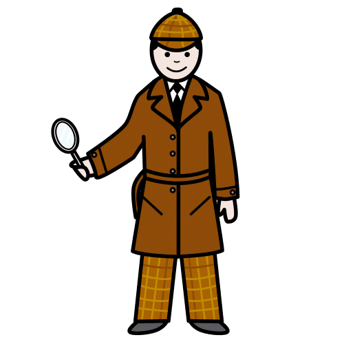 Dibujo donde se ve una persona vestida con la ropa característica de un detective (gabardina y sombrero) y una lupa en la mano derecha. 