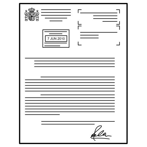 Imagen que representa un papel escrito en cuya parte superior izquierda aparece el escudo de España. Bajo este se encuentra la fecha, 7 de junio de 2010. El documento representado aparece firmado en la parte inferior derecha. 