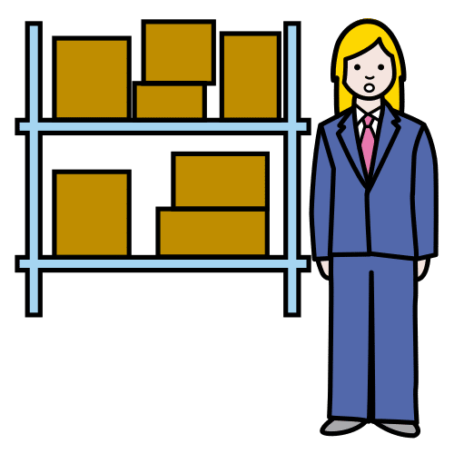 Imagen que representa a una persona con un traje azul delante de una estantería llena de cajas. 