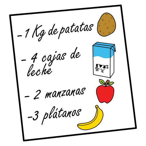 Imagen de una nota donde aparece el siguiente listado de cosas: 1 kilogramo de patatas, cuatro cajas de leche, dos manzanas y tres plátanos.