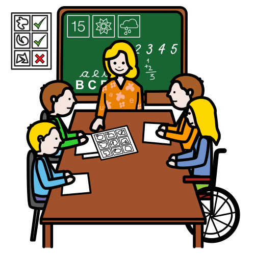 Imagen donde se ve un equipo de cuatro niñas y niños trabajando alrededor de una mesa con la ayuda de su maestra. 