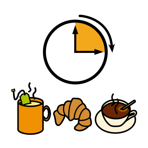 Imagen donde se ve un reloj del que aparece un cuarto de hora sombreado en color naranja. Debajo de este y de izquierda a derecha podemos ver una taza con una infusión, un croissant y una taza con chocolate.