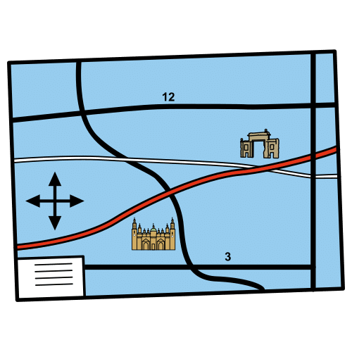 Imagen de un rectángulo azul sobre el cual se encuentran trazadas líneas que se cruzan, representando calles. Sobre el rectángulo aparecen dos monumentos y en la parte izquierda una cruz acabada en puntas de flecha. En la parte inferior izquierda aparece un pequeño rectángulo con texto. 