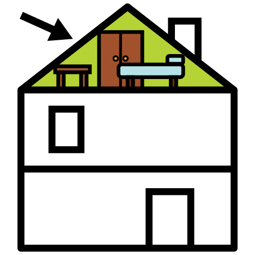 Imagen donde aparece el dibujo de una casa y una flecha que señala la zona superior de esta, la buhardilla, que aparece en color y delimitada por el tejado y el suelo. 